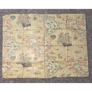 Vtg Fabric Ship Sailing Old World Map America Noviter Delineata 1631 60s 70s